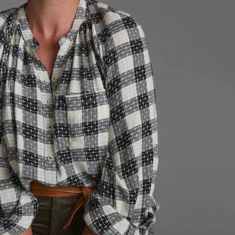 Pilcro Black and Cream Plaid Button-Front Peasant Blouse